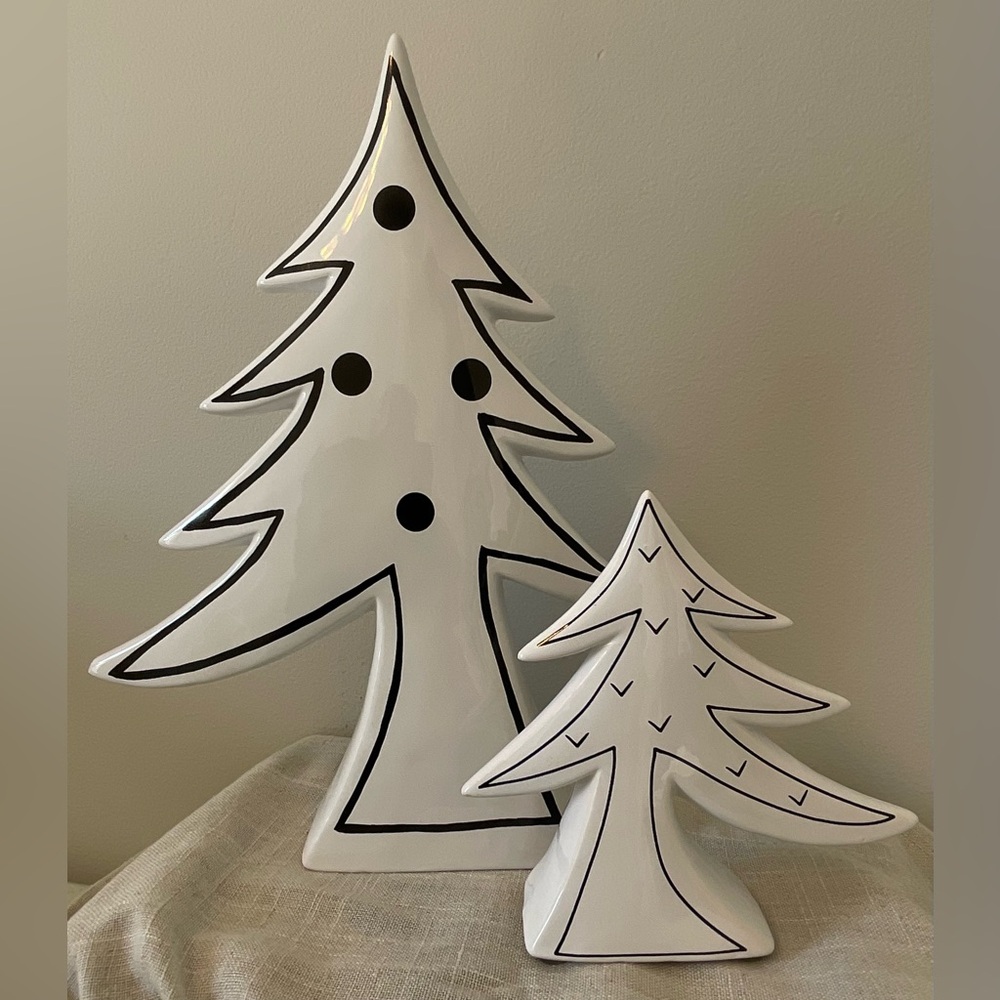 TWO Whimsical Black and White Ceramic Holiday/Christmas Trees